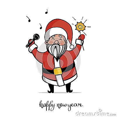 Santa Claus in a suit with microphone, sing songs Cartoon Illustration